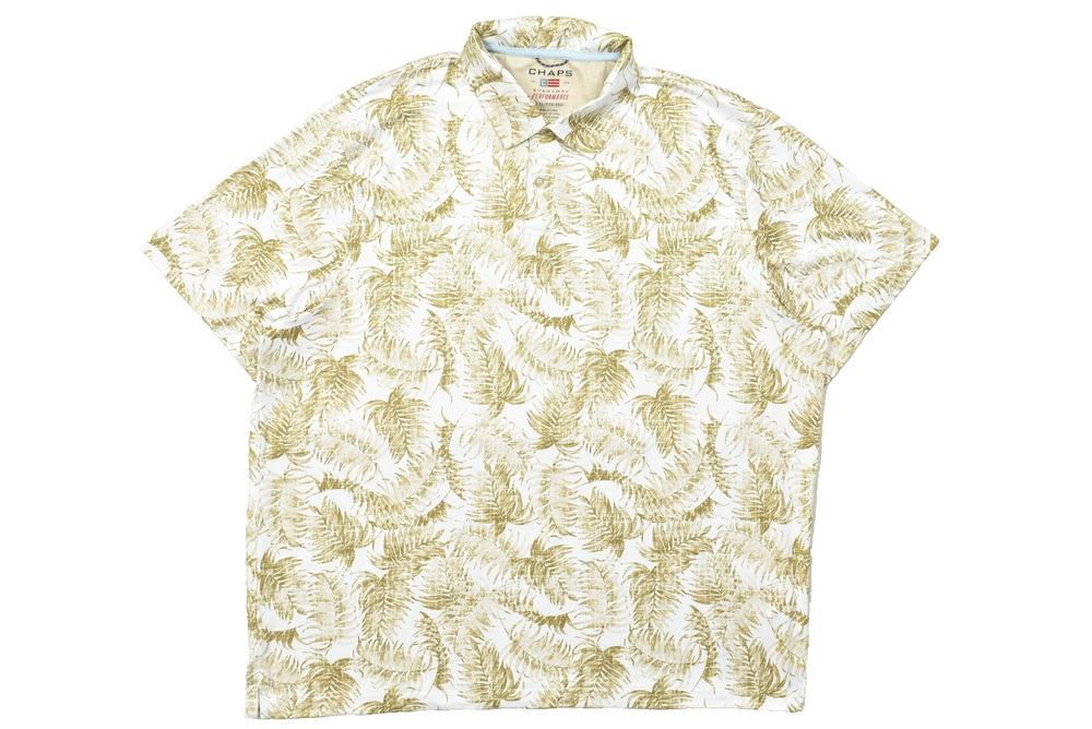 Chaps Mens XXL Polo Shirt White Gold Tropical Leaf Print Everyday Performance Sh